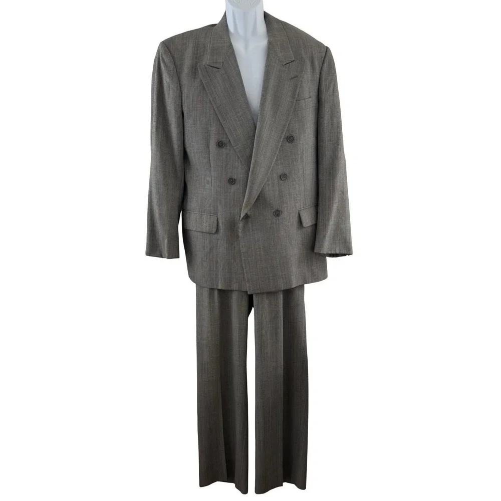 Vintage Cricketeer 2 Piece Suit Mens L Gray Plaid Double Breasted 34x31 USA 90s
